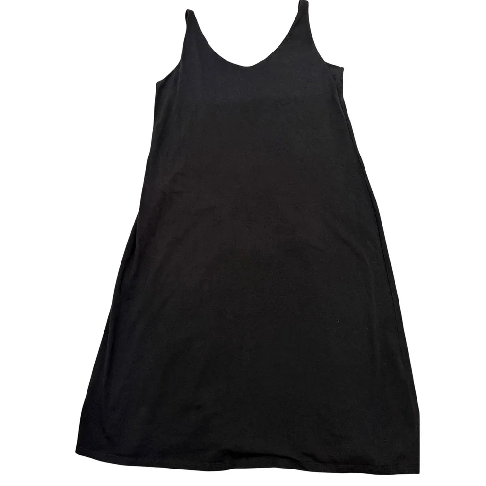 Eileen Fisher Black Organic Cotton Stretch Cami Slip Dress Built-in Bra Med NWOT